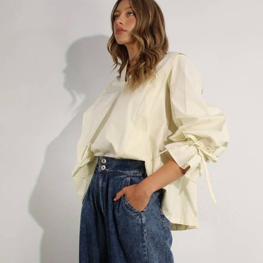 The Cassie Pleated Back Blouse – Puff Sleeve with Ribbon Ties - Picture 5 of 6